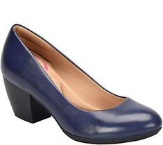 Classically elegant, these leather pumps feature a chic stacked heel plus Pillowtop memory foam comfort. From Comfortiva by Softspots. Cushioned Synthetic Heels For Office, Office Heels With Cushioned Footbed, Formal Synthetic Court Shoes With Cushioned Footbed, Cushioned Synthetic Heels For Work, Navy Pumps, Wide Shoes, Leather Pumps, Black Patent Leather, Stacked Heel