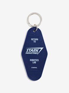 a blue keychain that says stark industries robotics lab on the front and back