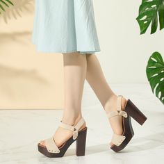 With a different closure type, there are hook and loop sandals with a block heel. With suede uppers, these sandals can lengthen your legs and are suitable for any casual wear. You can pair these heels with dresses, T-shirts, jeans, shorts, or anything casual or formal. A good choice as a gift for your mother, sister, or friend. Beige Open Toe Platform Block Heels, Beige High Heel Slingback Sandals With Platform, Beige Slingback Sandals With High Heel And Platform, Beige Slingback Sandals With Platform And Open Heel, Beige Platform Sandals With Block Heel, Beige Block Heels With Wooden Heel And Round Toe, Beige High Heel Slingback Sandals With Buckle Closure, Beige Wedge Sandals With Wooden Heel, Beige Slingback Pumps With Buckle Closure And Block Heel