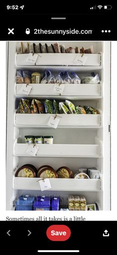 an open refrigerator filled with lots of food and labeled labels on the shelves that read, sometimes all it takes is a little save