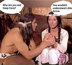 two native american women sitting on a couch talking to each other with speech bubbles above them