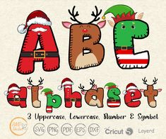 an alphabet with santa hats and reindeer antlers