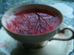 a cup filled with liquid sitting on top of a saucer