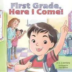 the children's book cover for first grade, here i come shows a young boy smiling and pointing