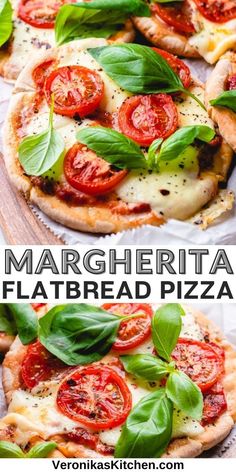 Mini pizza, made with pita bread, fresh mozzarella cheese, cherry tomatoes, and basil. Margherita Flatbread Pizza, Margherita Flatbread, Crispy Flatbread, Balsamic Drizzle, Flatbread Pizza Recipes, Pizza Margarita, Margarita Pizza, Healthy Pizza Recipes, Tomate Mozzarella