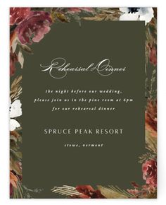 an elegant floral wedding card with the words, beautiful flowers and foliage on green background