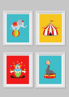 four colorful circus pictures on a gray wall