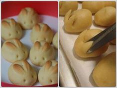 an image of bread buns being cut and placed on a plate with a knife