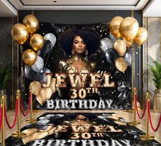 an image of a birthday party with gold and black decorations on the floor, balloons and streamers