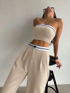 Wide Leg Pant Suit, High Waist Wide Leg Pants, Strapless Crop Top, Long Crop Top, Sleeveless Crop Top, Casual Sets, Sleeveless Vest, Two Piece Outfit, Primavera Estate