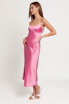 Pink spaghetti strap open back satin midi dress! -Model is wearing a small Pink Midi Dress With Adjustable Spaghetti Straps, Pink Satin Midi Dress With Fitted Bodice, Chic Pink Midi Length Slip Dress, Pink Midi-length Prom Slip Dress, Pink Midi-length Dress With Cutout, Fitted Midi Dress, Satin Midi Dress, Pink Midi Dress, Event Dresses