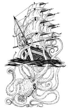 an octopus attacking a pirate ship in the ocean, with its tentacles stretched out to it's sides