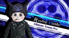 an animated image of a person wearing a cat hat and leather jacket, with the words royal hoshi ultimate tennis pro on it