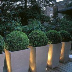 three large planters with lights on the sides of them