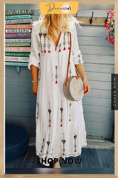 Floral Fringed Boho Summer Dress White Dresses Casual White Boho Maxi Dress, White Bohemian Midi Dress, Embroidered Long Sleeve Beach Dress, Embroidered Long Sleeve Maxi Dress For Vacation, Long Sleeve Embroidered Midi Dress For Beach, Summer Long Sleeve Dress For A Date, Embroidered Long Sleeve Midi Dress For Vacation, Boho Summer Dress, Summer Dress White