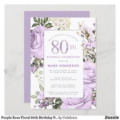 a purple and white floral 80th birthday party card