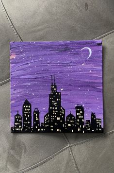 a painting of a city at night with the moon in the sky