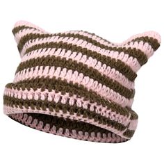 a crocheted cat hat with pink and brown stripes