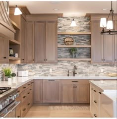 a kitchen with wooden cabinets and white counter tops