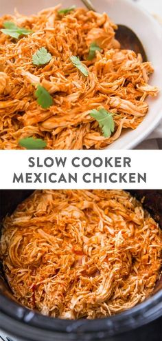 slow cooker mexican chicken in a crock pot with cilantro garnishes