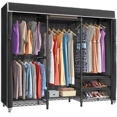 an open closet with clothes and shoes hanging on the rack, all in different colors