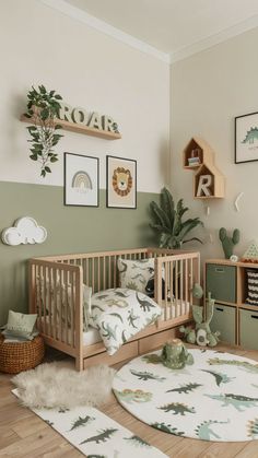 Dinosaur-themed baby boy nursery with green accents, playful dinosaur bedding, and whimsical decor. Green Animal Themed Nursery, Nursery Ideas Painting, Irish Nursery Theme, Boys Room Dinosaur Theme, Sage Green And Gray Nursery, Dino Nursery Ideas, Nursery With Green Accents, Gender Neutral Playroom Ideas, Toddler Bedroom Green