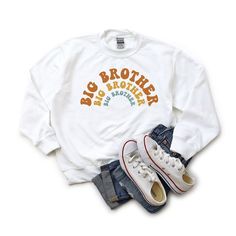 Looking for a cute sweatshirt for your kids? We have the perfect Big Brother Stacked Curved graphic sweatshirt addition to their closet! Also available in toddler sweatshirts. Plane Graphic, Jumpsuit And Cardigan, Valentine Sweatshirt, Italian Family, Cute Sweatshirts, White Sweatshirt, Big Brother, Quality Clothing, Clothing Items