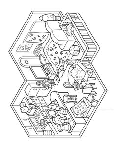 an image of a cartoon scene in the shape of a hexagonal structure with food and drinks