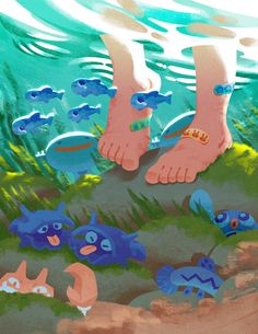 two feet in the water surrounded by blue fish and other marine life, with bubbles coming from them