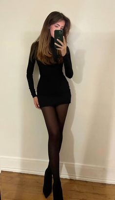 Black Skirt With Nylons Outfit, Black Mini Dress Outfit Winter Tights, Black Mini Dress And Tights, Fall Stockings Outfits, Mini Black Dress With Tights, Black Mini Skirt Holiday Outfit, Minidress Tights Outfit Party, Black Mini Skirt And Tights Outfit, Black Mini Skirt With Tights