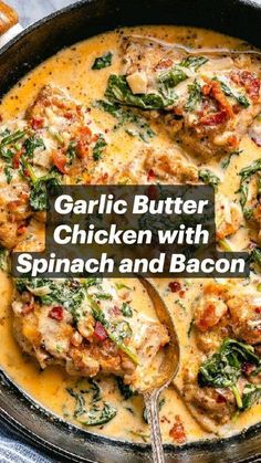 garlic butter chicken with spinach and bacon in a skillet