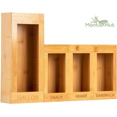 three wooden boxes with labels on them and the words quart, sandwhich