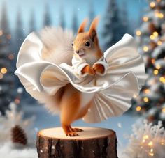 a squirrel is standing on top of a piece of wood in front of a christmas tree