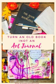 an old book is sitting on top of a table with flowers and other items around it