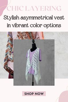 Unfold the color of style with our vibrant asymmetrical vests. Perfect for a casual outing or a formal meeting. Ringgold Georgia, Asymmetrical Vest, Comfy Fall Outfits, Duster Vest, Sleeveless Cardigan, Chic Home, Lace Pattern, Cottage Chic