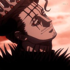 an anime character wearing a crown with spikes on his head and hair blowing in the wind