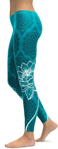 We decided that we need another gorgeous design for our Zen / Yoga collection. Our designer did an amazing job on creating the Gearbunch Cyan Blue Lotus Leggings, the background is cyan blue with a subtle black mandala pattern and the real eye catcher is the bright white lotus flower, which is wrapped perfectly around your legs. Be Happy, Be Bright, Be You with Gearbunch Flower On Black Background, White Yoga Pants, Black Mandala, White Lotus Flower, Blue Jellyfish, Zen Yoga, Blue Lotus, Cyan Blue, Quirky Fashion