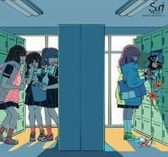 three girls are standing in front of lockers and looking at something on the floor