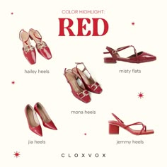 red shoes are featured in this advertisement for cloxoxx's new high - heeled shoe collection