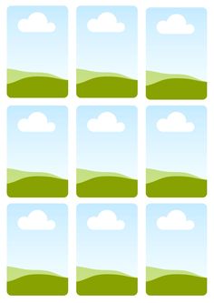 four different green hills with clouds in the sky