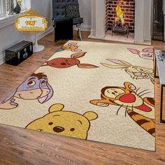 winnie the pooh and friends rug in front of a fireplace with disney characters on it