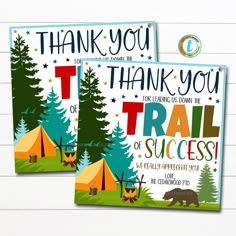 two camping thank you cards with the words, thank you and trail of success on them