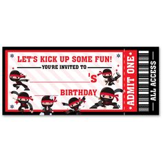 a ticket with ninjas on it for kids to use as birthday cards or party favors