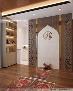 the interior of a living room with wooden flooring and arabic - style decor on the walls