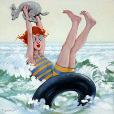 a painting of a woman floating in the ocean with a cat on her shoulders and an inner tube above her head