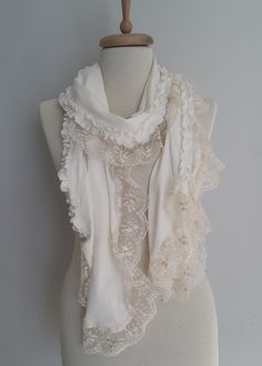 Cotton Scarf with Lace Scarf Fashion Accessories Handwash only under 30o C without tumble dry. Thanks for visiting! Off White Scarf, Scarf Aesthetic, Valentines Accessories, Cute Scarfs, White Scarf, White Scarves, Lace Outfit, Lace Scarf, Mother Birthday Gifts