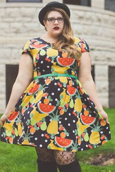 Quirky Plus Size Fashion, Fitted Summer Dress With Fruit Print, Quirky Fashion Plus Size, Novelty Print Dress, Cute Summer Dresses With Fruit Print, Retro Fruit Print Dresses For Spring, Fruit Print Dress, Quirky Outfits, Style Categories