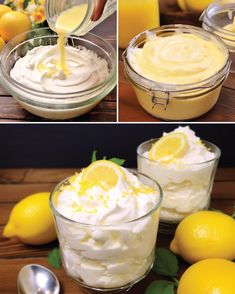 lemon custard and whipped cream in small glass bowls