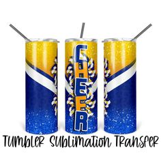 two blue and yellow soda cans with straws in them that say, tumbler sublimation teamser