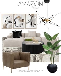 an interior design board with furniture and decor